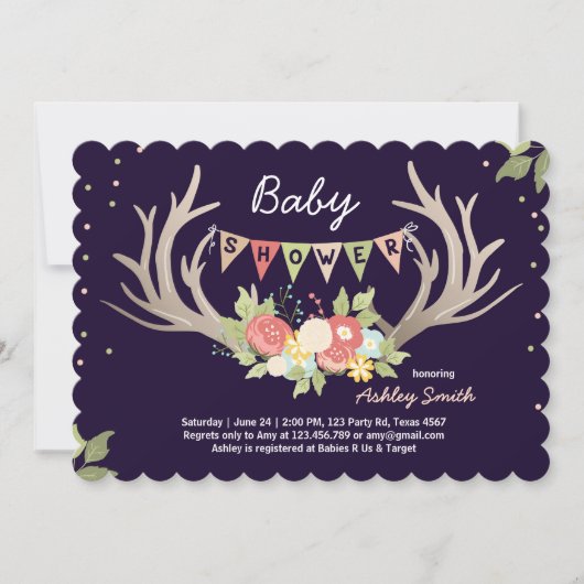 Invitation Baby shower Antler Deer Bois Floral (Devant)