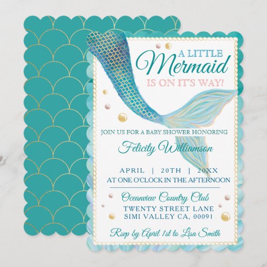 Invitation Baby shower Aqua Ocean Mermaid (Devant / Derrière)