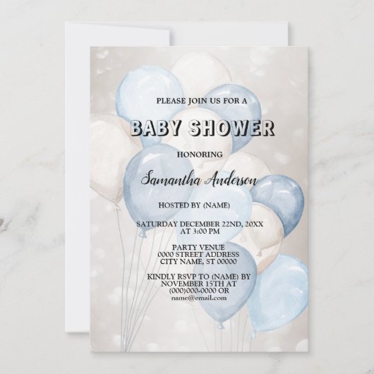 Invitation Baby shower Aquarelle Bleu Bleu Blancs (Devant)