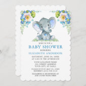 Invitation Baby shower Aquarelle Bleu Floral Eléphant (Devant / Derrière)
