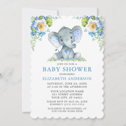 Invitation Baby shower Aquarelle Bleu Floral Eléphant (Devant)