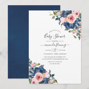 Invitation Baby shower aquarelle bleu marine et rose floral