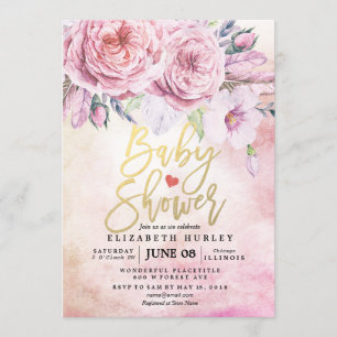 Invitation Baby shower Aquarelle Bohème Fleurs & Plumes