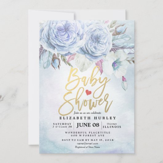 Invitation Baby shower Aquarelle Bohème Fleurs & Plumes (Devant)