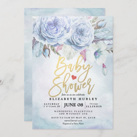 Invitation Baby shower Aquarelle Bohème Fleurs & Plumes (Devant / Derrière)
