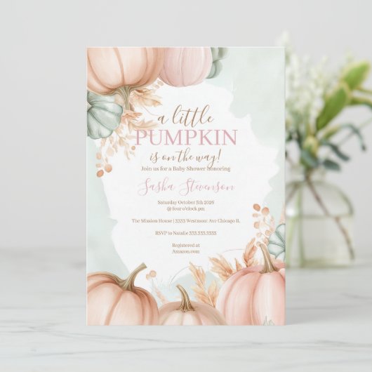 Invitation Baby shower aquarelle citrouille d'automne (Debout devant)