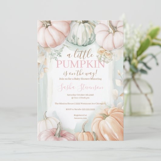 Invitation Baby shower aquarelle citrouille d'automne  (Debout devant)