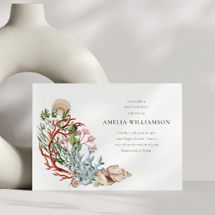 Invitation Baby-Shower aquarelle Coquillages Corail Marin