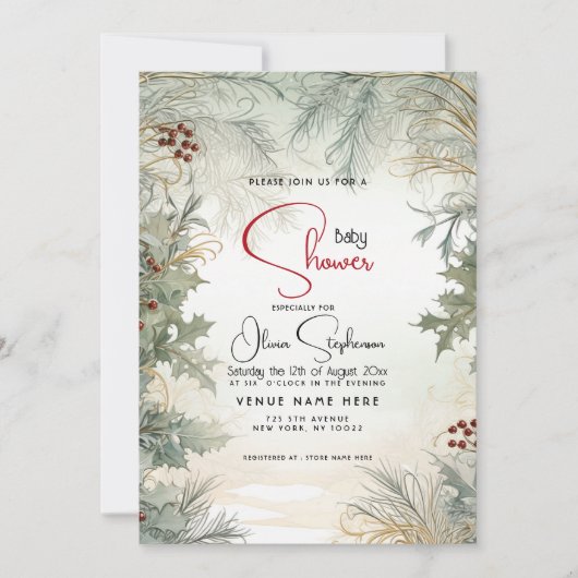 Invitation Baby shower - Aquarelle d'hiver Botanique (Devant)