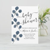 Invitation Baby Shower aquarelle Eucalyptus Bleu Script (Debout devant)
