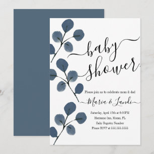 Invitation Baby Shower aquarelle Eucalyptus Bleu Script