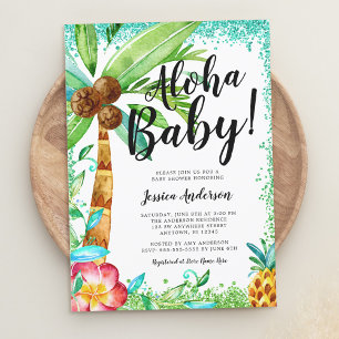 Invitation Baby Shower Aquarelle Faux Pailleté Luau Tropical