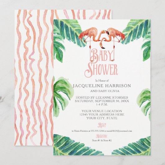 Invitation Baby shower Aquarelle Flamant rose rose feuille ba (Devant / Derrière)