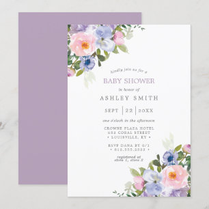 Invitation Baby Shower Aquarelle Fleurs Rose Pâle Violet