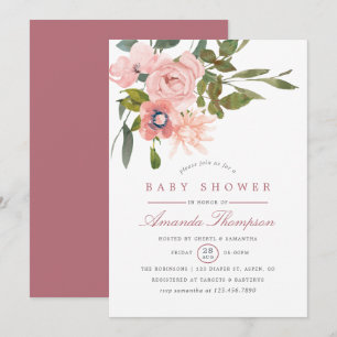 Invitation Baby Shower aquarelle florale rose et or rose