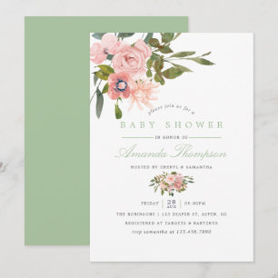 Invitation Baby Shower aquarelle florale rose et sauge
