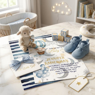 Invitation Baby shower aquarelle mouton céleste et ballon