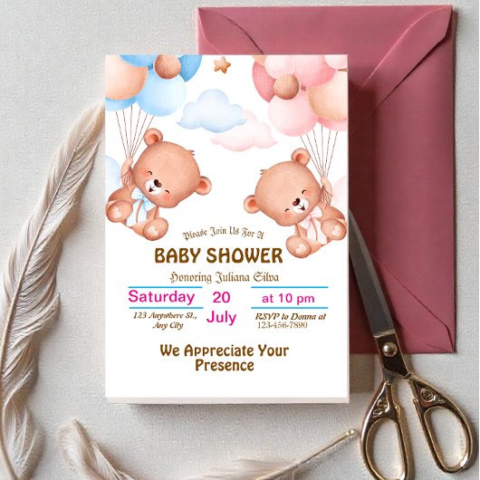 Invitation Baby Shower Aquarelle Rose Bleu Mignon