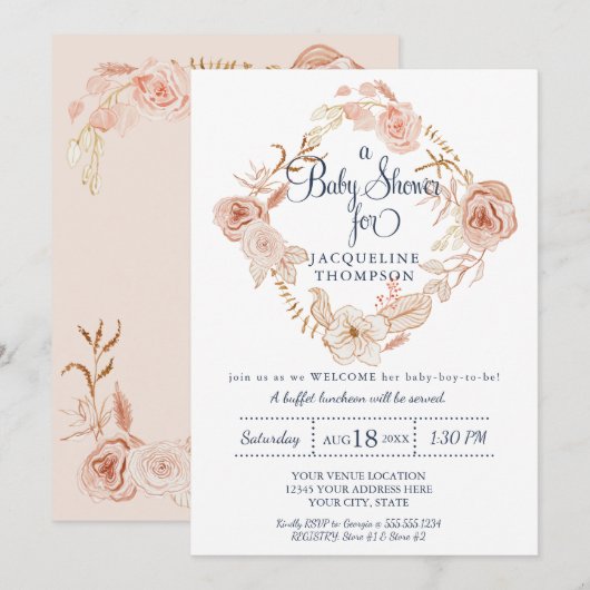 Invitation Baby shower Aquarelle rose pâle Verdure florale (Devant / Derrière)