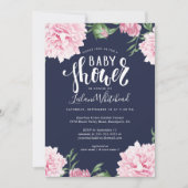 Invitation Baby shower Aquarelle rose Peony Floral Navy (Devant)