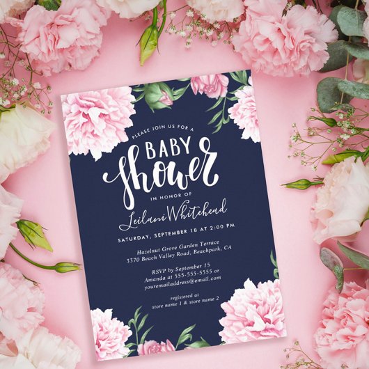 Invitation Baby shower Aquarelle rose Peony Floral Navy