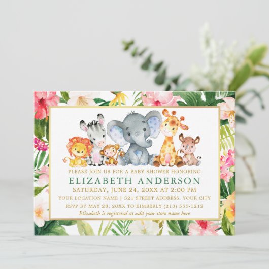 Invitation Baby shower Aquarelle Safari Animaux Tropical (Debout devant)