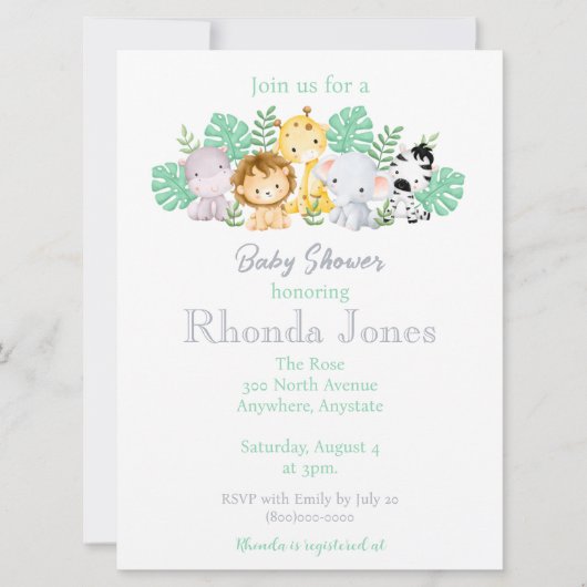 Invitation Baby shower Aquarelle tendance Jungle Animals (Devant)