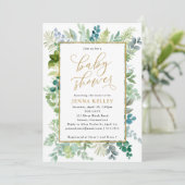 Invitation Baby shower, Aquarelle Vert et Or Foliage (Debout devant)