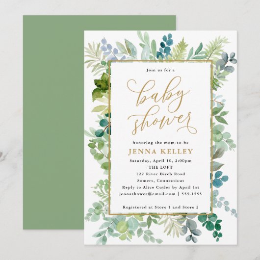 Invitation Baby shower, Aquarelle Vert et Or Foliage (Devant / Derrière)