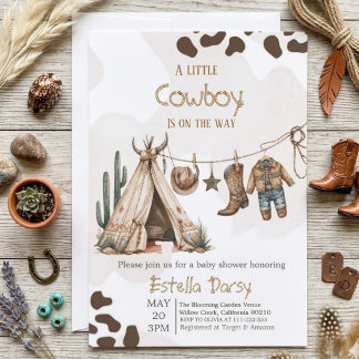 Invitation Baby shower aquarelle western rustique cowboy