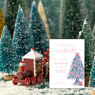 Invitation Baby Shower Arbre de Noël Ruban Rose Hiver