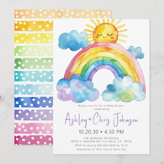 Invitation Baby shower arc-en-ciel aquarelle (Devant / Derrière)