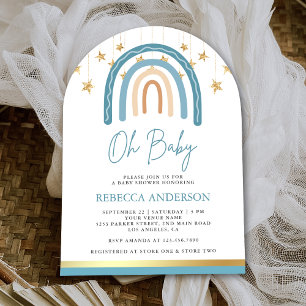 Invitation Baby Shower Arc-en-ciel Bohème Bleu Rustique Or