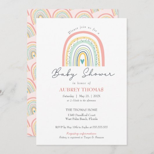 Invitation Baby shower arc-en-ciel Boho Main Drat Heart (Devant / Derrière)
