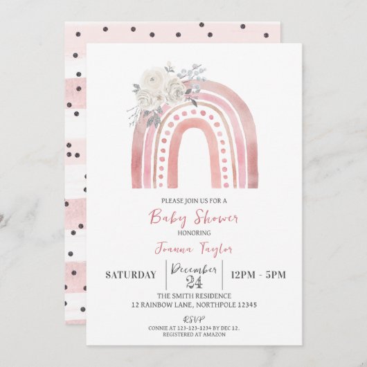Invitation Baby shower arc-en-ciel Boho, Roses blanches (Devant / Derrière)