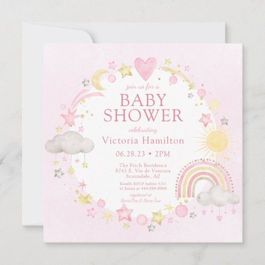 Invitation Baby shower arc-en-ciel de la fille aquarelle (Devant)