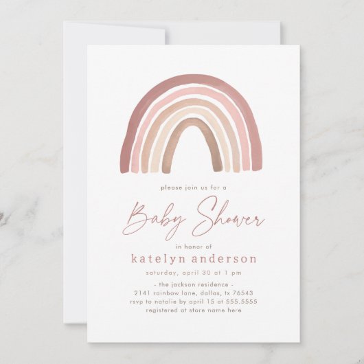 Invitation Baby shower arc-en-ciel en bois rose en terre cuit (Devant)