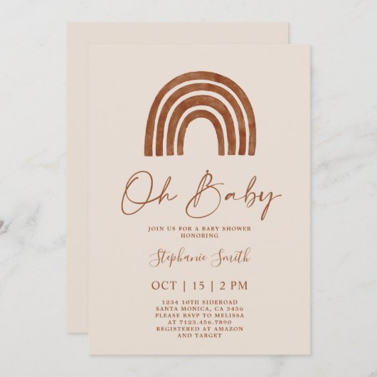 Invitation Baby shower arc-en-ciel en terre cuite Boho (Devant / Derrière)
