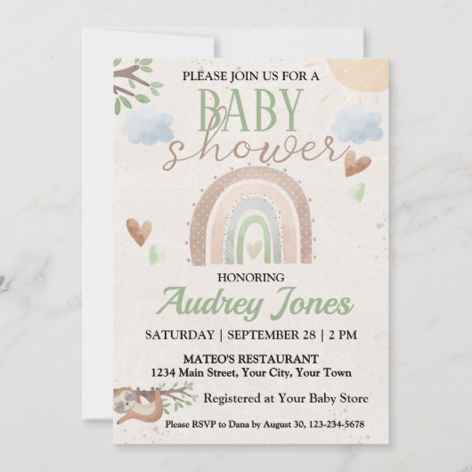 Invitation Baby shower arc-en-ciel jote Sloth et Boho (Devant)