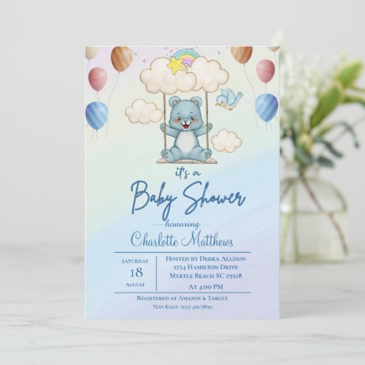 Invitation Baby shower arc-en-ciel mignon à couture d'ours bl (Debout devant)