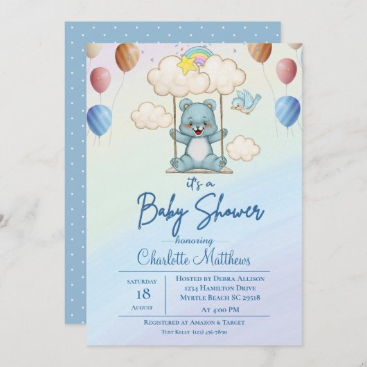 Invitation Baby shower arc-en-ciel mignon à couture d'ours bl (Devant / Derrière)