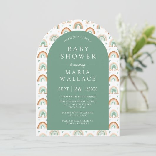Invitation Baby shower arc-en-ciel Mint Green Arch Boho (Debout devant)