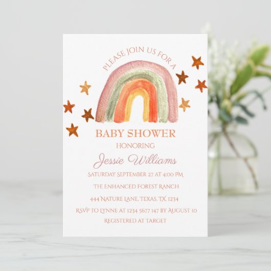 Invitation Baby shower arc-en-ciel Orange Terracotta Boho (Debout devant)