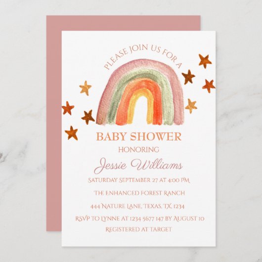 Invitation Baby shower arc-en-ciel Orange Terracotta Boho (Devant / Derrière)