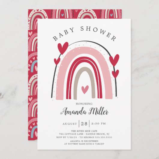 Invitation Baby shower arc-en-ciel Red Pink Heart (Devant / Derrière)