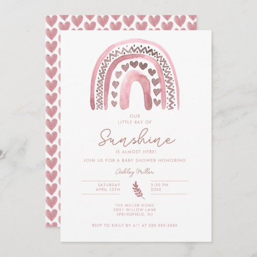 Invitation Baby shower arc-en-ciel rose Boho (Devant / Derrière)