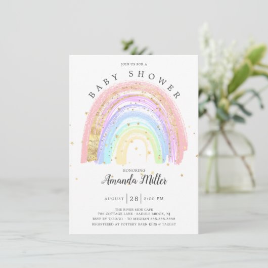 Invitation Baby shower Arc-en-ciel rose or moderne (Debout devant)