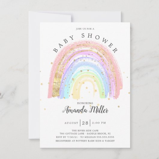 Invitation Baby shower Arc-en-ciel rose or moderne (Devant)