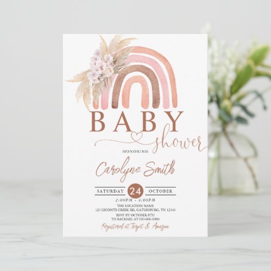 Invitation Baby shower arc-en-ciel rose Pampas Grass Boho (Debout devant)
