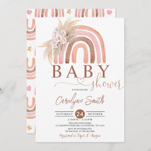 Invitation Baby shower arc-en-ciel rose Pampas Grass Boho (Devant / Derrière)